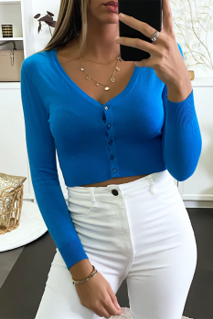 Gilet boléro bleu vif, motif dentelle au dos