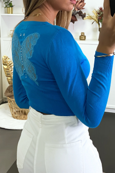 Gilet boléro bleu vif, motif dentelle au dos