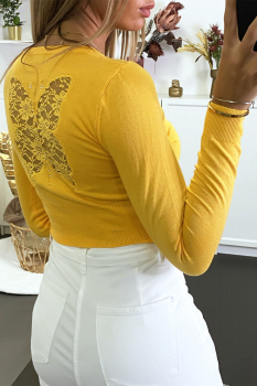 Gilet boléro jaune citron, motif dentelle au dos