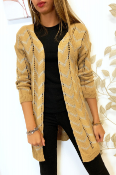 Gilet long en maille tressé Camel
