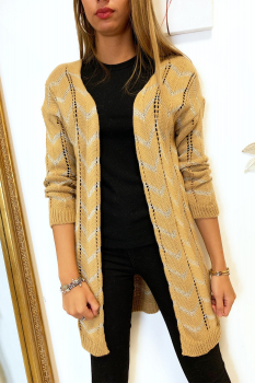 Gilet long en maille tressé Camel