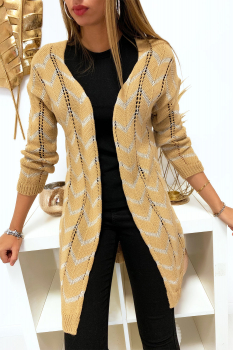Gilet long en maille tressé Camel