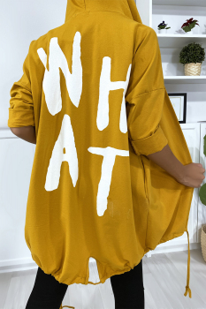Gilet moutarde à capuche et poches en coton gratté avec écriture WHAT