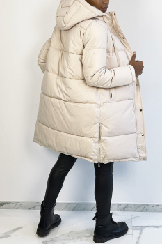 Grosse veste mi-longue beige, bien épaisse avec capuche et poches