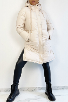 Grosse veste mi-longue beige, bien épaisse avec capuche et poches