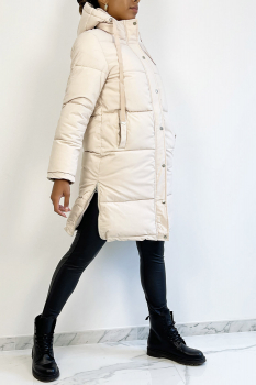 Grosse veste mi-longue beige, bien épaisse avec capuche et poches