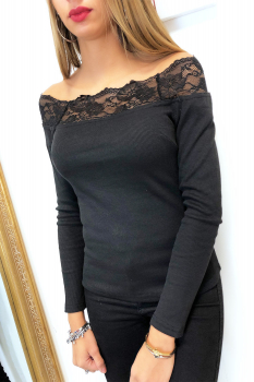 Haut chic dentelle boat neck Noir