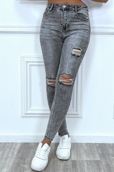 Jean slim gris effet élimé et déchiré