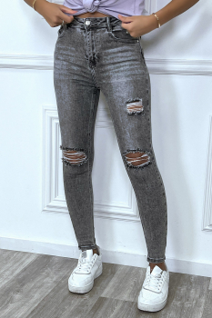 Jean slim gris effet élimé et déchiré