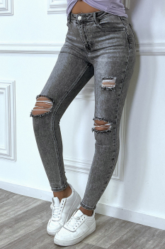 Jean slim gris effet élimé et déchiré