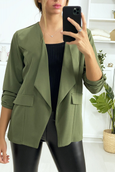 Jolie blazer kaki avec revers sur le devant et manches 3/4