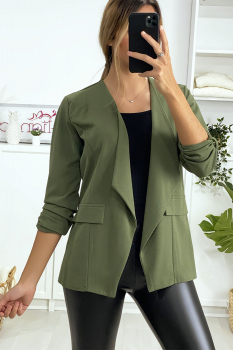 Jolie blazer kaki avec revers sur le devant et manches 3/4