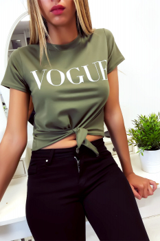 Jolie crop top Kaki avec écriture Vogue et petit noeud