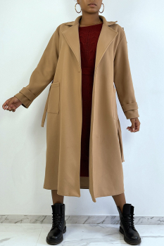 Long manteau camel, over size avec fermeture à boutons, poches et ceinture
