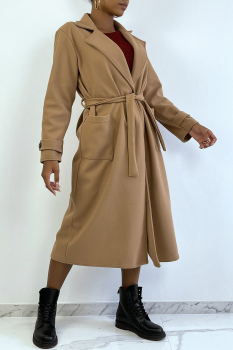 Long manteau camel, over size avec fermeture à boutons, poches et ceinture