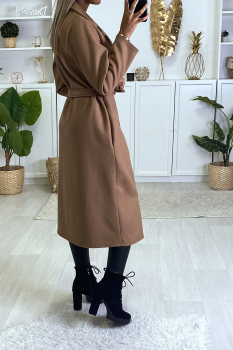 Long manteau-gabardine camel, poches latérales et ceinture