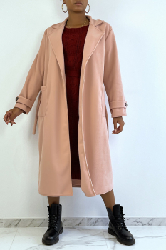 Long manteau rose, over size avec fermeture à boutons, poches et ceinture