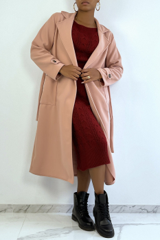 Long manteau rose, over size avec fermeture à boutons, poches et ceinture