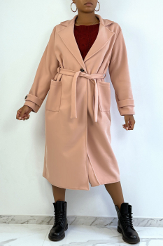 Long manteau rose, over size avec fermeture à boutons, poches et ceinture