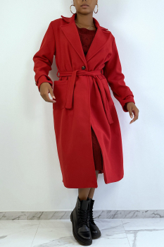 Long manteau rouge, over size avec fermeture à boutons, poches et ceinture