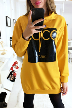 Long pull-sweat jaune ambré à capuche, joli imprimé et léger strass