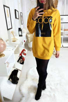 Long pull-sweat jaune ambré à capuche, joli imprimé et léger strass