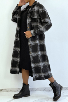 Manteau long modèle sur-chemise large, carreaux noir et gris, tissage chaud