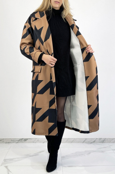 Manteau tissé mi-long, motif pied de poule camel, coupe ample