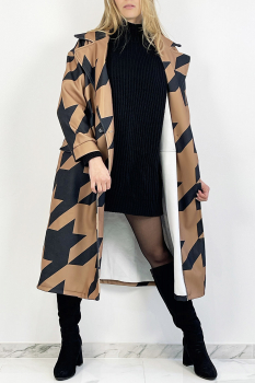 Manteau tissé mi-long, motif pied de poule camel, coupe ample