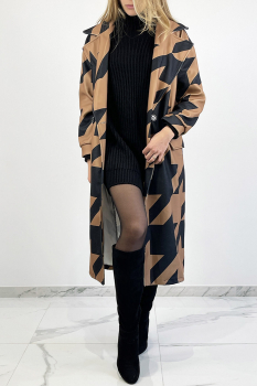 Manteau tissé mi-long, motif pied de poule camel, coupe ample