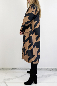 Manteau tissé mi-long, motif pied de poule camel, coupe ample