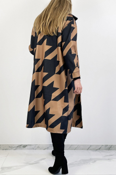 Manteau tissé mi-long, motif pied de poule camel, coupe ample