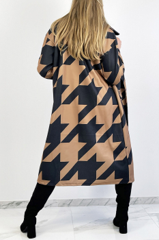 Manteau tissé mi-long, motif pied de poule camel, coupe ample