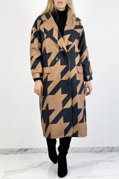 Manteau tissé mi-long, motif pied de poule camel, coupe ample