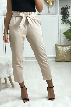 Pantalon cigarette avec ceinture noué en flo Beige