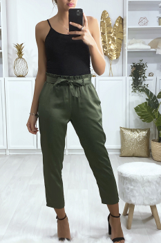 Pantalon cigarette avec ceinture noué en flo Kaki