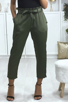 Pantalon cigarette avec ceinture noué en flo Kaki