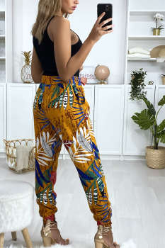 Pantalon fashion motif à fleur Moutarde