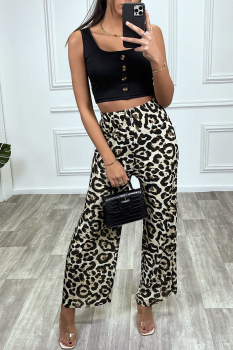 Pantalon fluide, style palazzo, fond beige, motif léopard