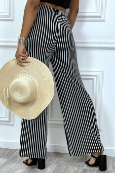 Pantalon fluide, style palazzo, ligné finement noir et blanc