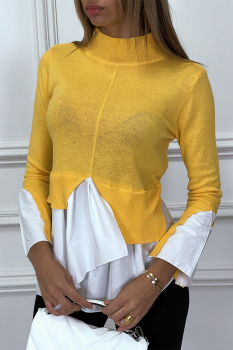 Pull jaune vif maille fine, partie chemisier blanc, col haut