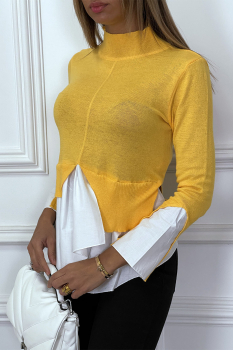 Pull jaune vif maille fine, partie chemisier blanc, col haut
