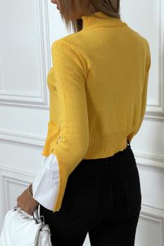 Pull jaune vif maille fine, partie chemisier blanc, col haut