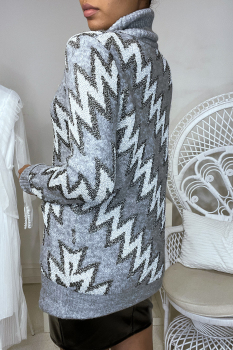 Pull long gris, col roulé, motif zigzag, doux et léger pailletté