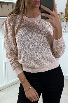 Pull taupe, maille fine et dorée, froncé aux épaules