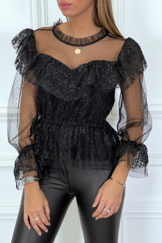 Ravissante blouse noire à volants et dentelles, col rond boutonné à l'arrière