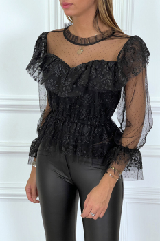 Ravissante blouse noire à volants et dentelles, col rond boutonné à l'arrière