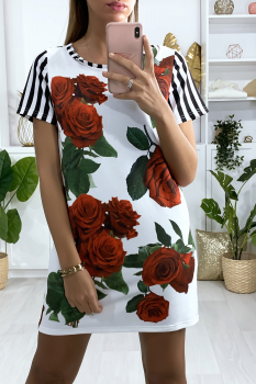 Robe à rayure et roses Blanc