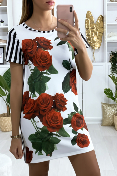 Robe à rayure et roses Blanc