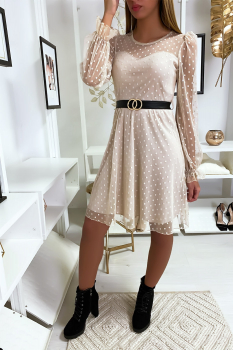 Robe bimatière manche transparente Beige
